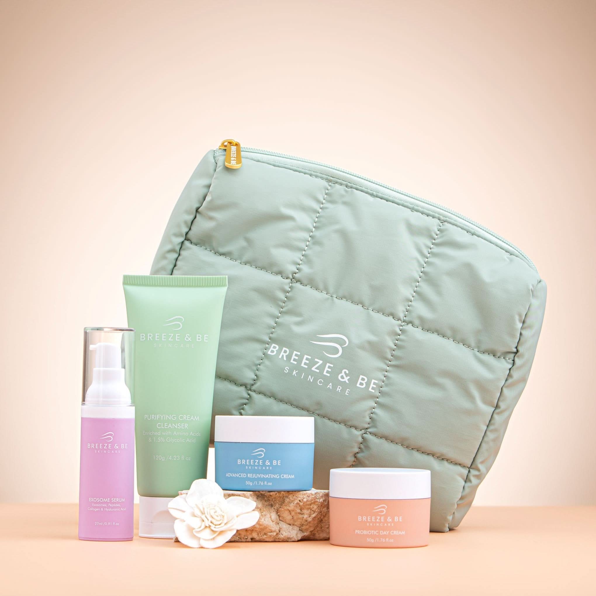Breeze & Be skincare products including a pouch on a beige background