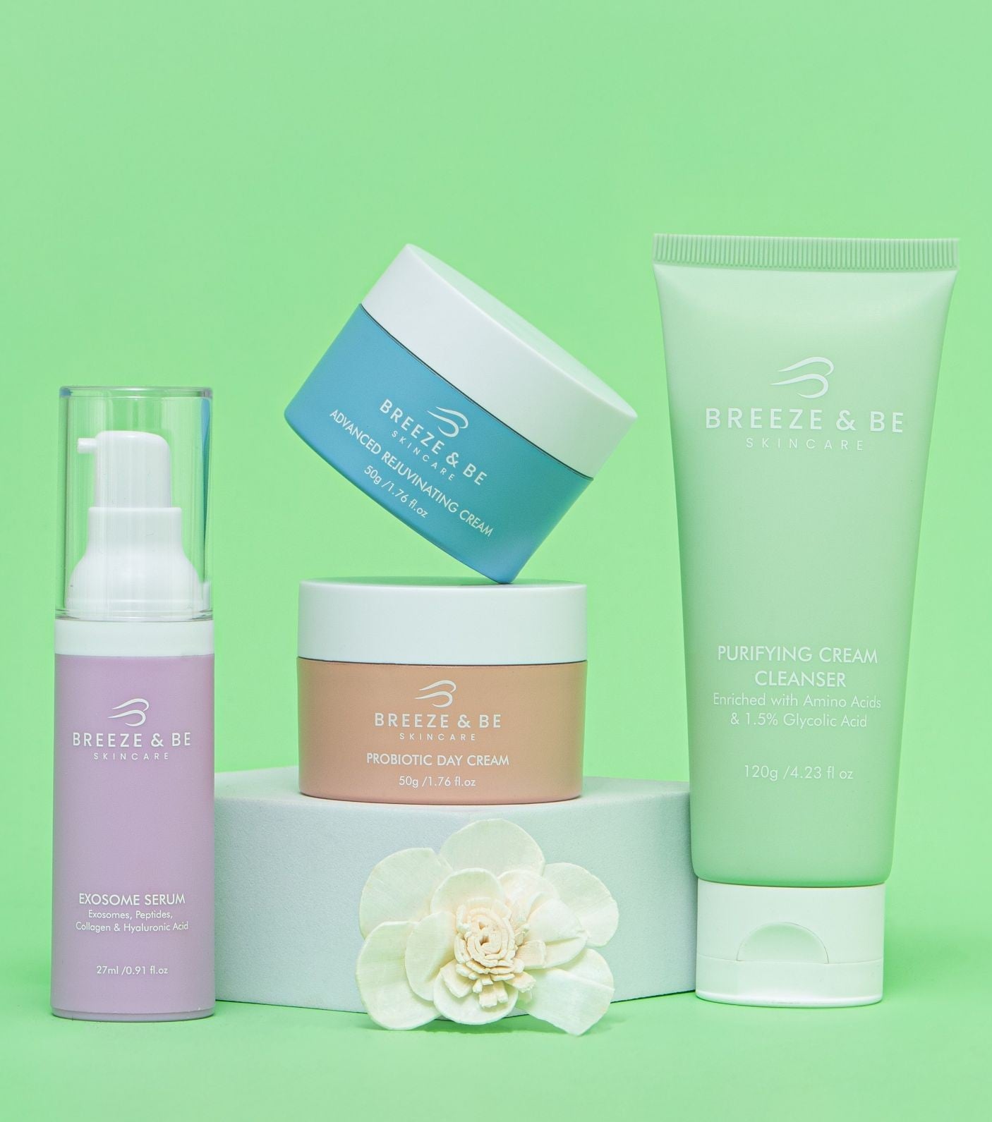 Breeze & Be skincare products on a green background