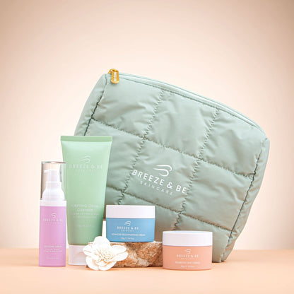 Breeze &amp; Be skincare products including a pouch on a beige background